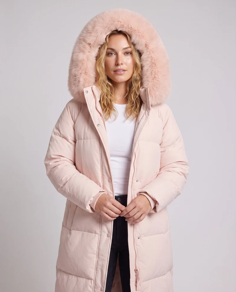 Damen längerer gesteppter Wintermantel mit extra voluminösem Teddykragen und winddichter thermischer Füllung