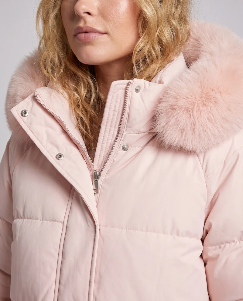 Damen längerer gesteppter Wintermantel mit extra voluminösem Teddykragen und winddichter thermischer Füllung