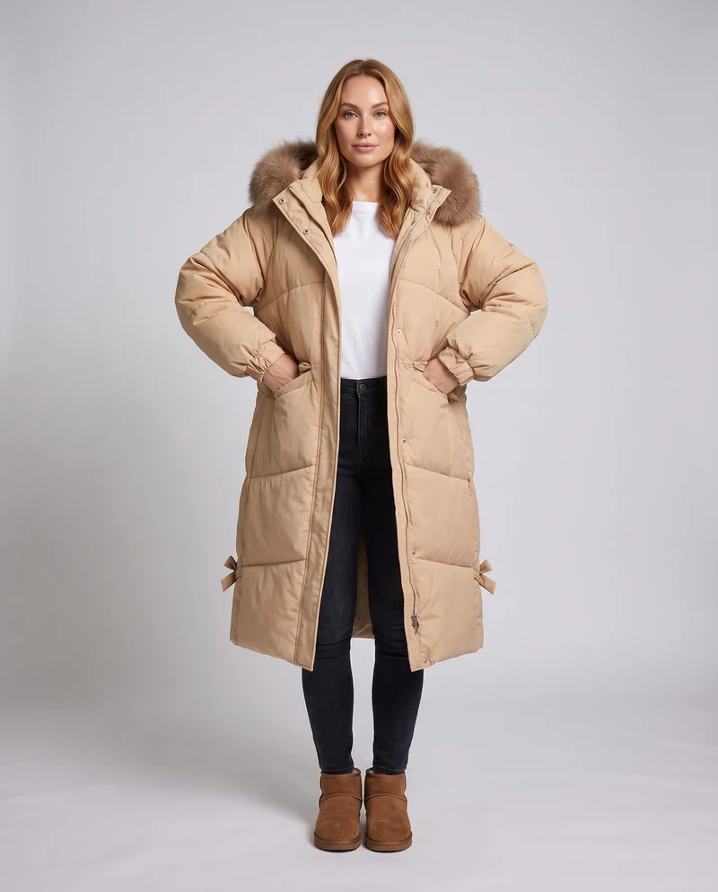 Damen längerer gesteppter Winterparka mit feminine A-Linie, abnehmbarer Kapuze und extra großen Seitentaschen
