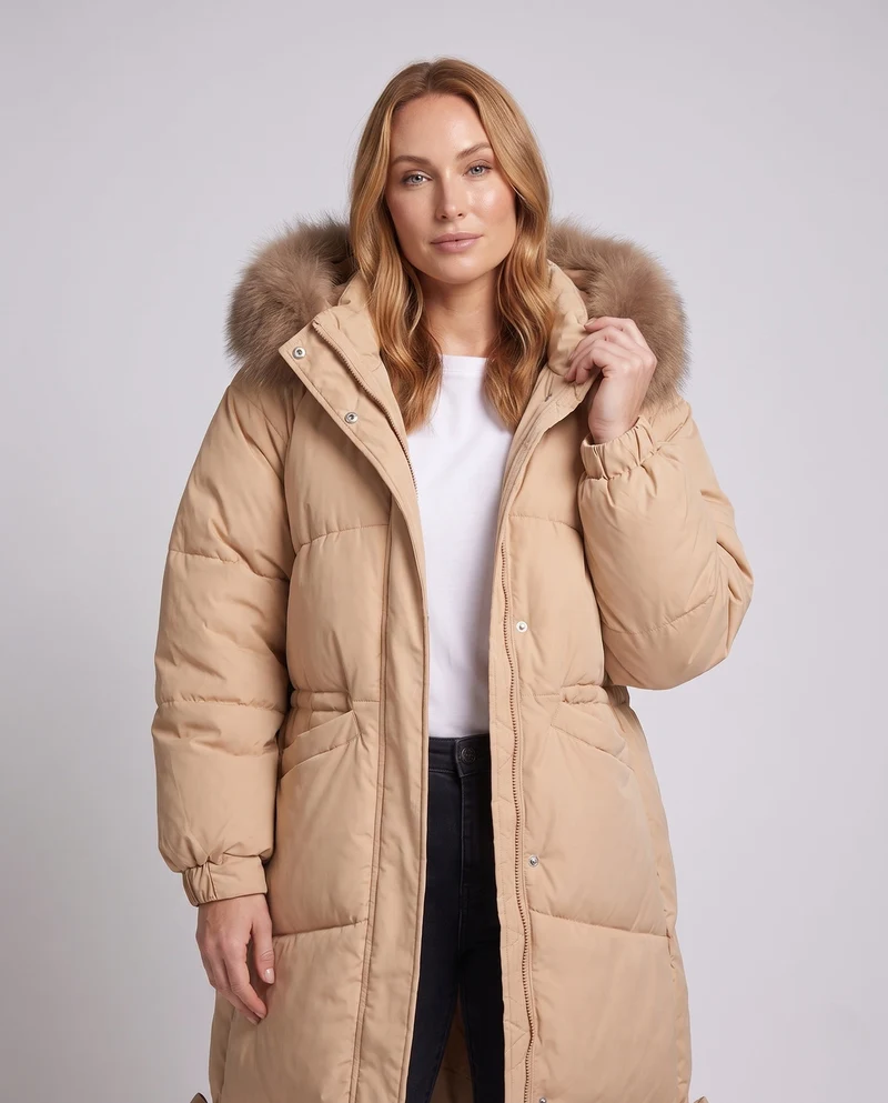 Damen längerer gesteppter Winterparka mit feminine A-Linie, abnehmbarer Kapuze und extra großen Seitentaschen