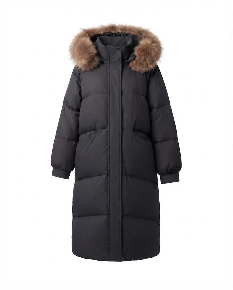 Damen längerer gesteppter Winterparka mit feminine A-Linie, abnehmbarer Kapuze und extra großen Seitentaschen