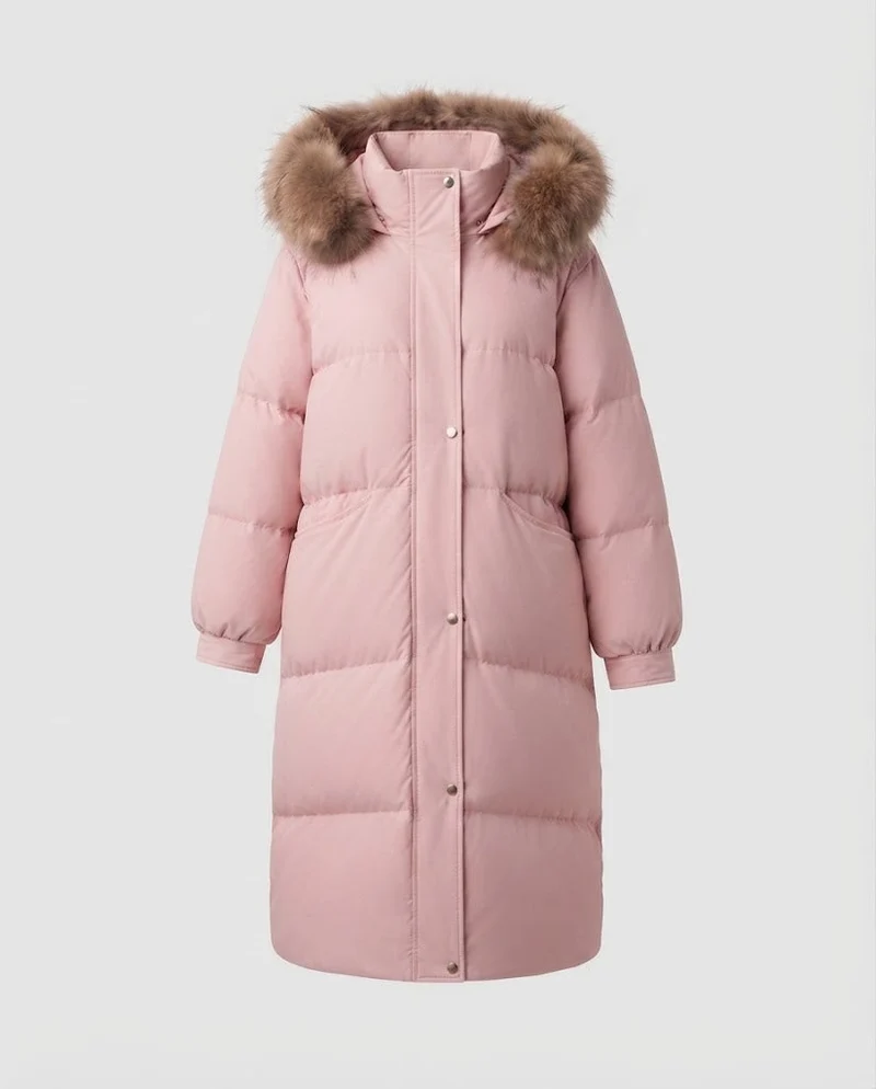Damen längerer gesteppter Winterparka mit feminine A-Linie, abnehmbarer Kapuze und extra großen Seitentaschen
