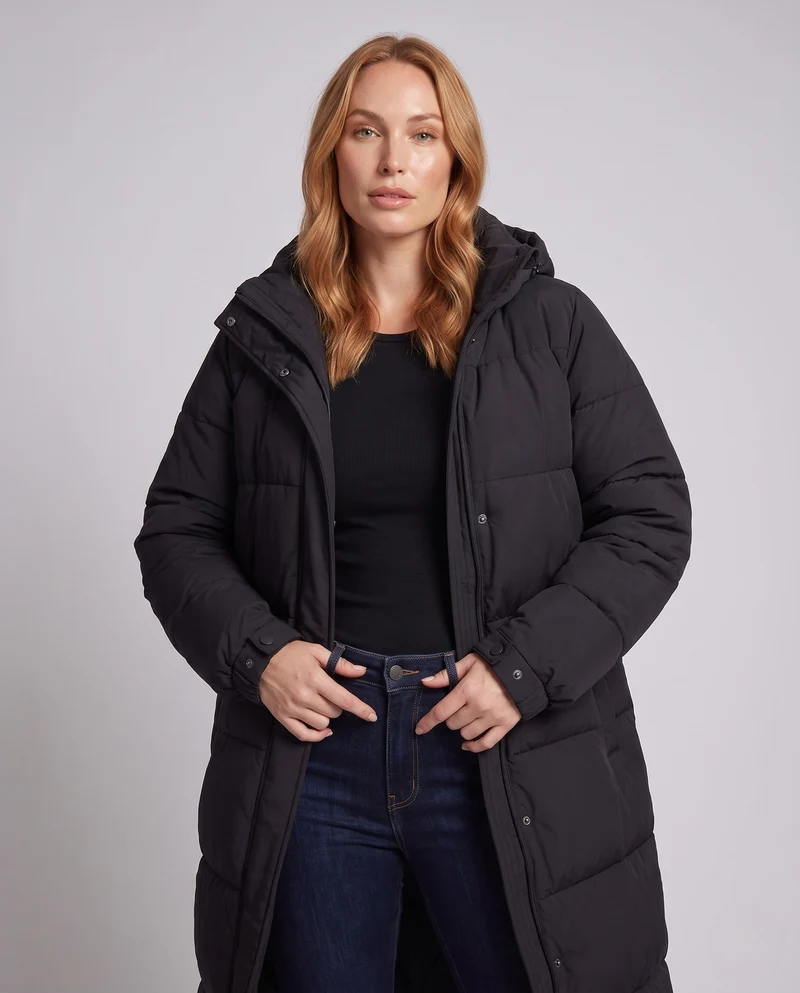 Damen längerer Kälteblocker-Puffer-Mantel mit Gehschlitz, hoch schließendem Kragen und geräuschreduzierendem Außenmaterial
