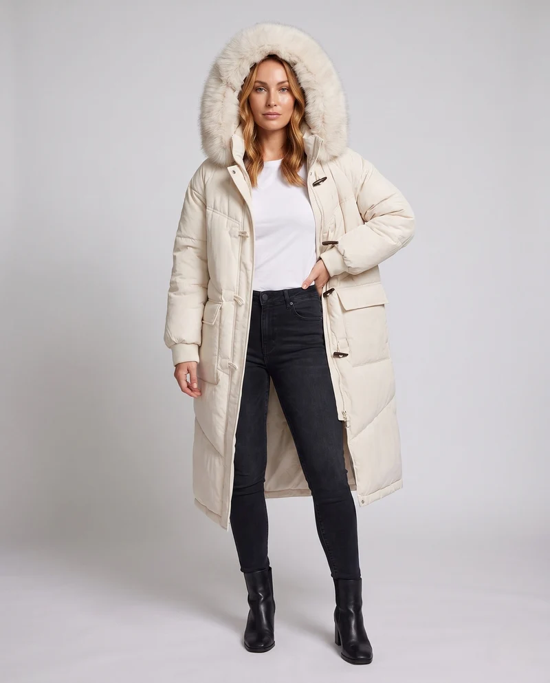 Damen längerer oversize Thermoparka mit abnehmbarem Kunstfellkapuze, Schlaufenverschluss und zweifach öffnendem Reißverschluss