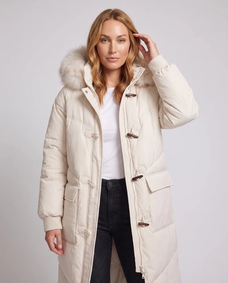 Damen längerer oversize Thermoparka mit abnehmbarem Kunstfellkapuze, Schlaufenverschluss und zweifach öffnendem Reißverschluss