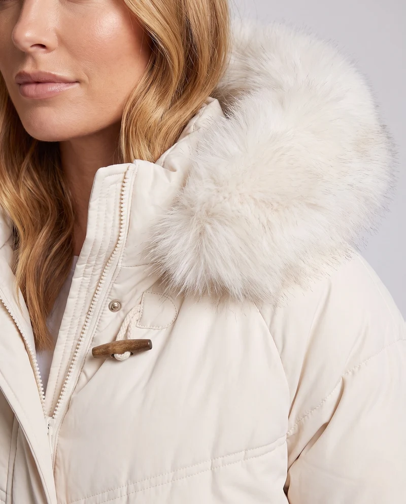 Damen längerer oversize Thermoparka mit abnehmbarem Kunstfellkapuze, Schlaufenverschluss und zweifach öffnendem Reißverschluss