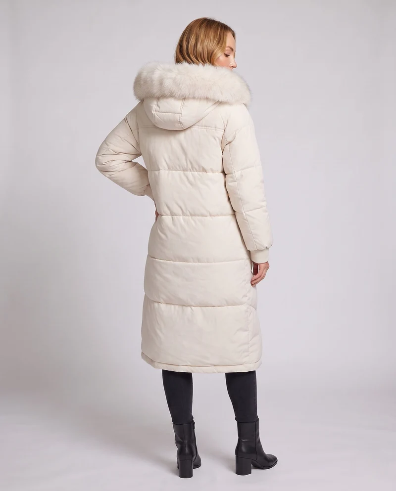 Damen längerer oversize Thermoparka mit abnehmbarem Kunstfellkapuze, Schlaufenverschluss und zweifach öffnendem Reißverschluss