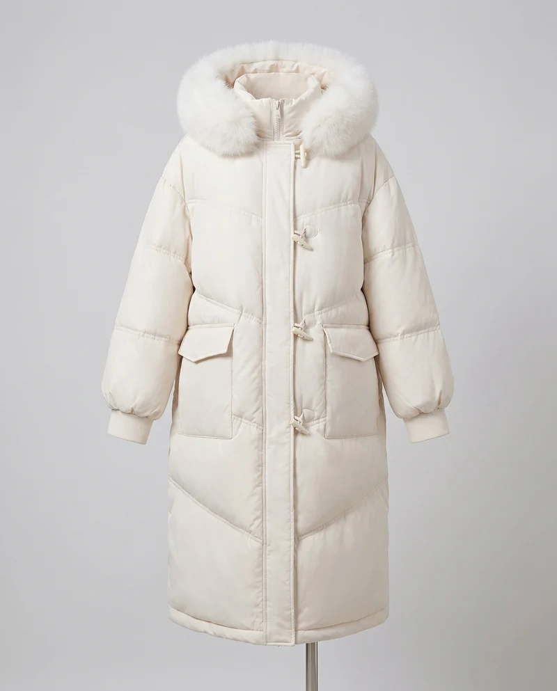 Damen längerer oversize Thermoparka mit abnehmbarem Kunstfellkapuze, Schlaufenverschluss und zweifach öffnendem Reißverschluss