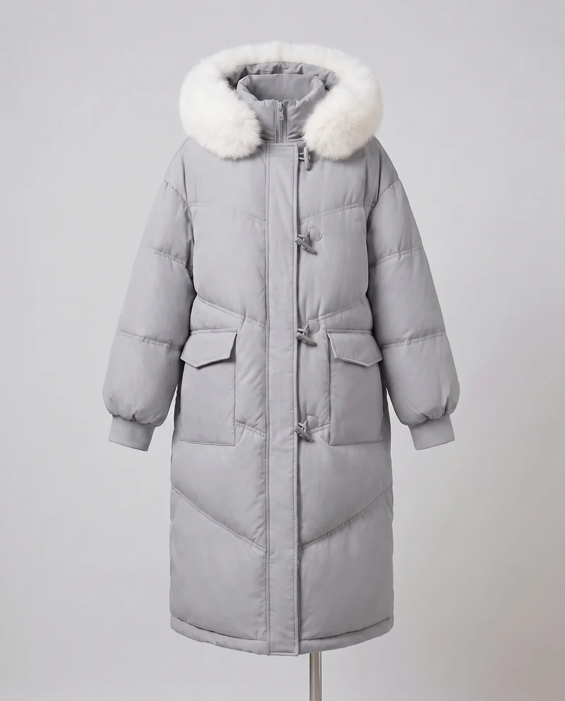 Damen längerer oversize Thermoparka mit abnehmbarem Kunstfellkapuze, Schlaufenverschluss und zweifach öffnendem Reißverschluss