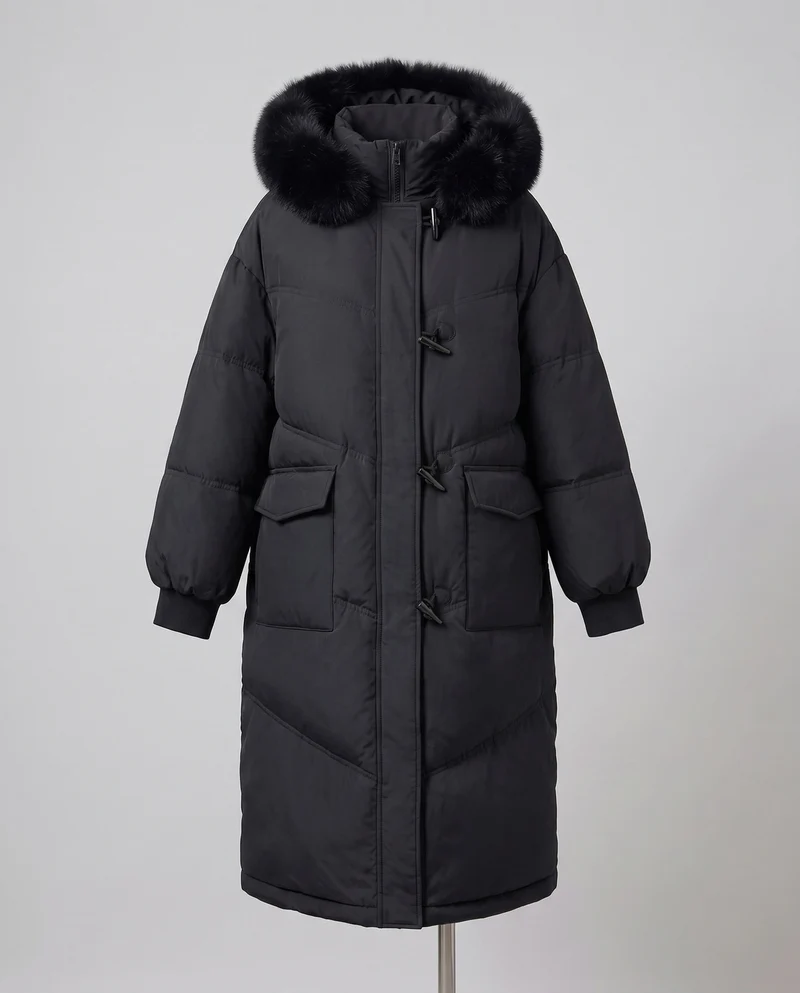Damen längerer oversize Thermoparka mit abnehmbarem Kunstfellkapuze, Schlaufenverschluss und zweifach öffnendem Reißverschluss