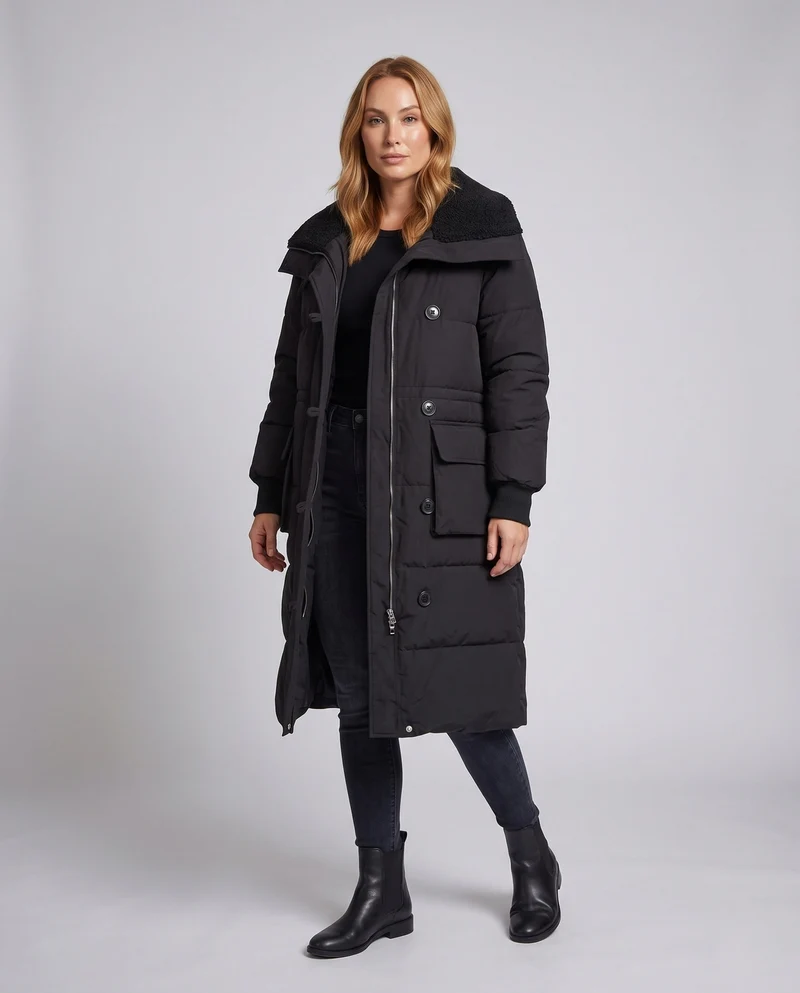 Damen langer gepolsterter Mantel mit Sherpa-Schalkragen, Taille mit Kordelzug und großen Klappentaschen