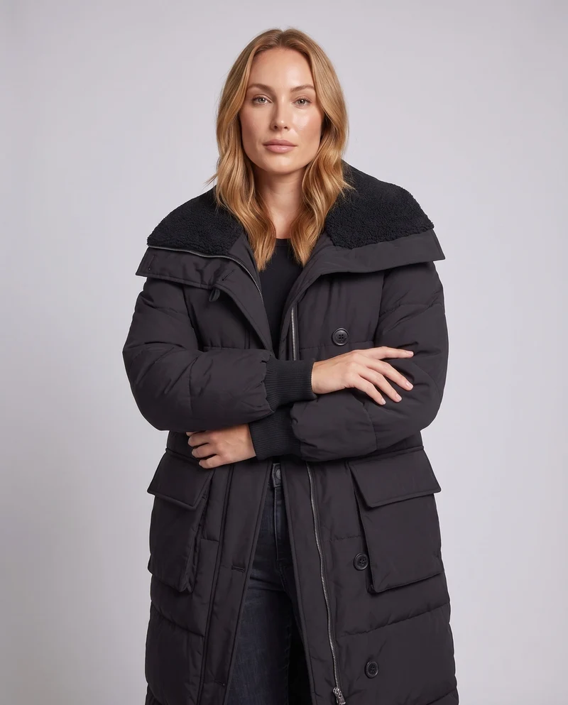 Damen langer gepolsterter Mantel mit Sherpa-Schalkragen, Taille mit Kordelzug und großen Klappentaschen