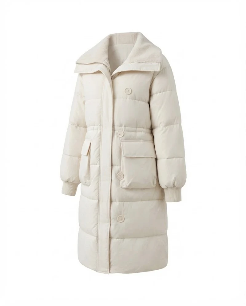 Damen langer gepolsterter Mantel mit Sherpa-Schalkragen, Taille mit Kordelzug und großen Klappentaschen