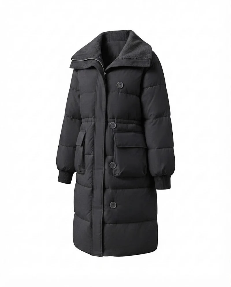 Damen langer gepolsterter Mantel mit Sherpa-Schalkragen, Taille mit Kordelzug und großen Klappentaschen