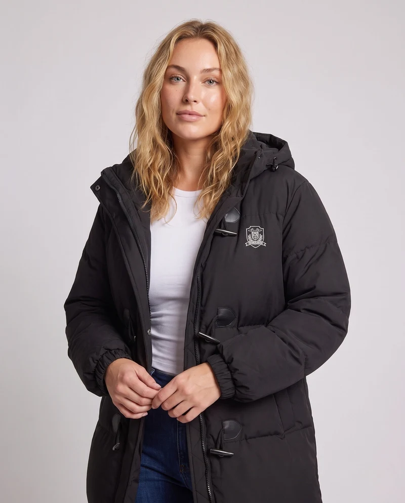 Damen längerer thermischer Puffer-Mantel mit Toggle-Button-Front, oversized boxy Schnitt und Reisepassform