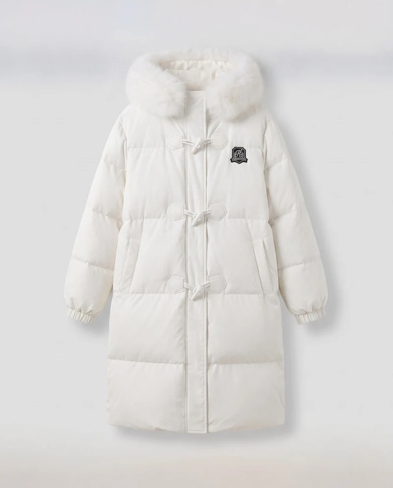 Damen längerer thermischer Puffer-Mantel mit Toggle-Button-Front, oversized boxy Schnitt und Reisepassform