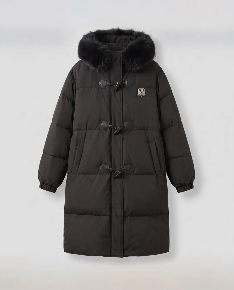 Damen längerer thermischer Puffer-Mantel mit Toggle-Button-Front, oversized boxy Schnitt und Reisepassform