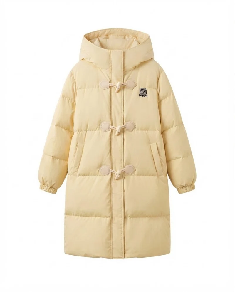 Damen längerer thermischer Puffer-Mantel mit Toggle-Button-Front, oversized boxy Schnitt und Reisepassform