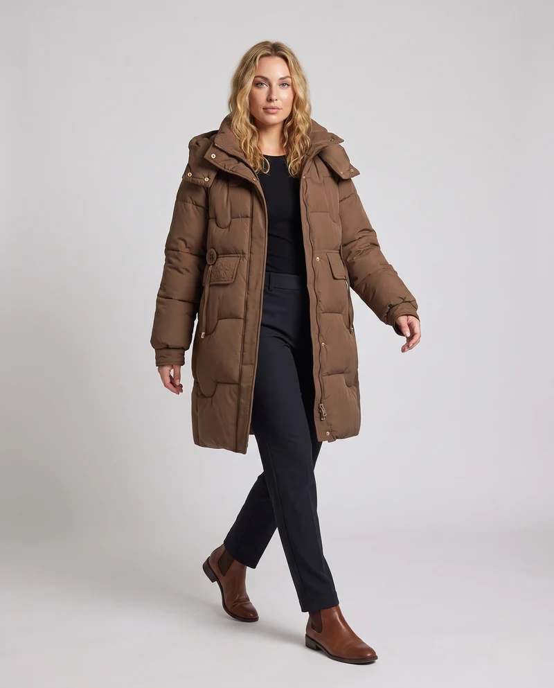 Damen nan längerer urban Stehkragen-Parka mit verstellbarem Kordelzug, dekorativer Knopfleiste und thermisch isolierender Füllung