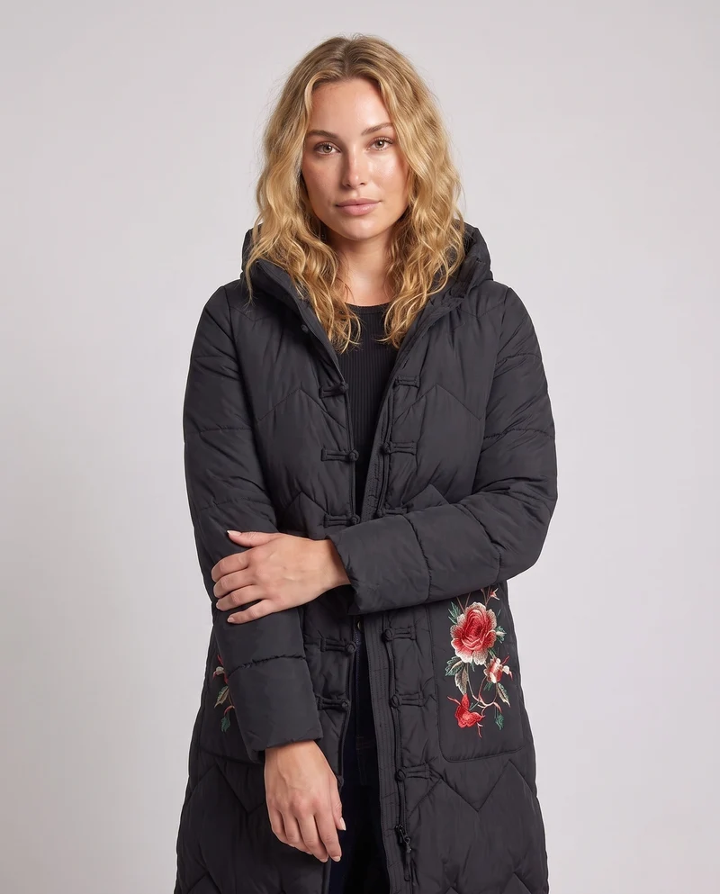 Damen langer gepolsterter Mantel mit floralem Taschenstickerei und Froschknopfverschluss