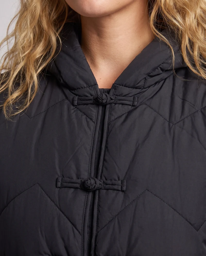 Damen langer gepolsterter Mantel mit floralem Taschenstickerei und Froschknopfverschluss