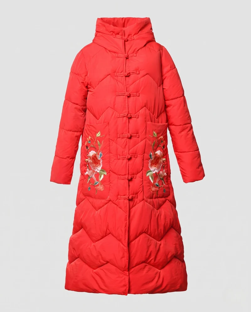 Damen langer gepolsterter Mantel mit floralem Taschenstickerei und Froschknopfverschluss