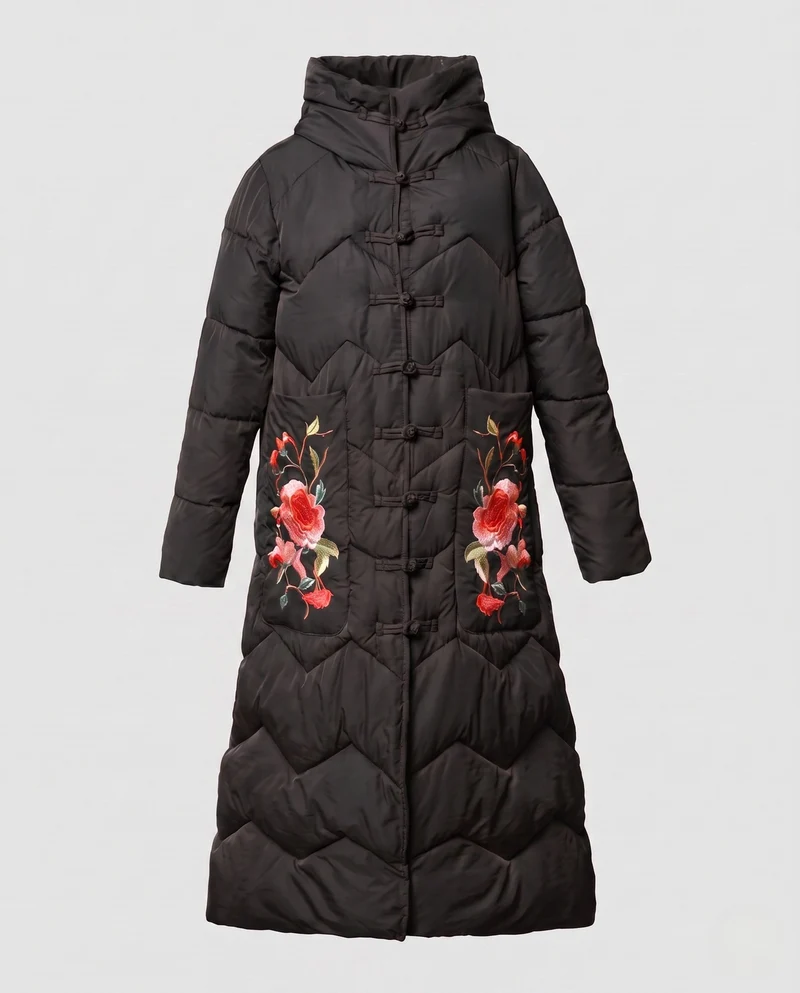 Damen langer gepolsterter Mantel mit floralem Taschenstickerei und Froschknopfverschluss