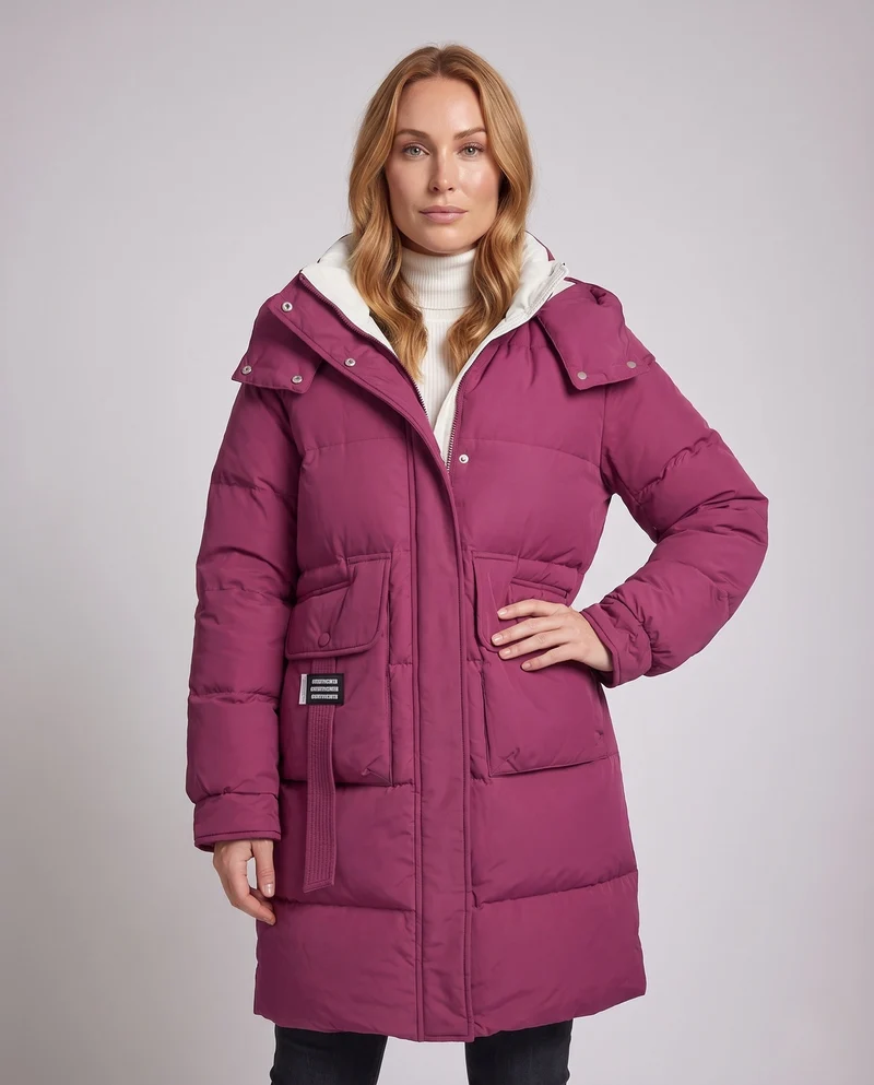 Damen längerer gepolsterter steppmantel mit hohem Stehkragen, verdeckter Knopfleiste und großen aufgesetzten Taschen.