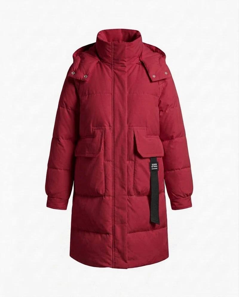 Damen längerer gepolsterter steppmantel mit hohem Stehkragen, verdeckter Knopfleiste und großen aufgesetzten Taschen.