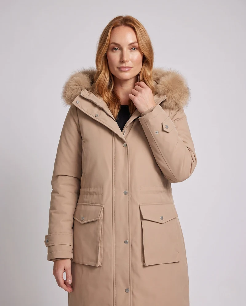 Damen lange gepolsterte Winterparka mit abnehmbarem Pelzbesatz und Taillengürtel