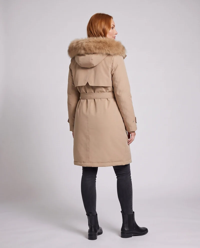 Damen lange gepolsterte Winterparka mit abnehmbarem Pelzbesatz und Taillengürtel
