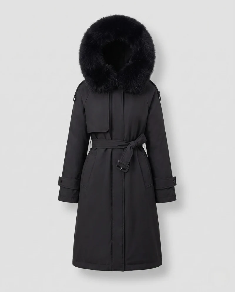Damen lange gepolsterte Winterparka mit abnehmbarem Pelzbesatz und Taillengürtel