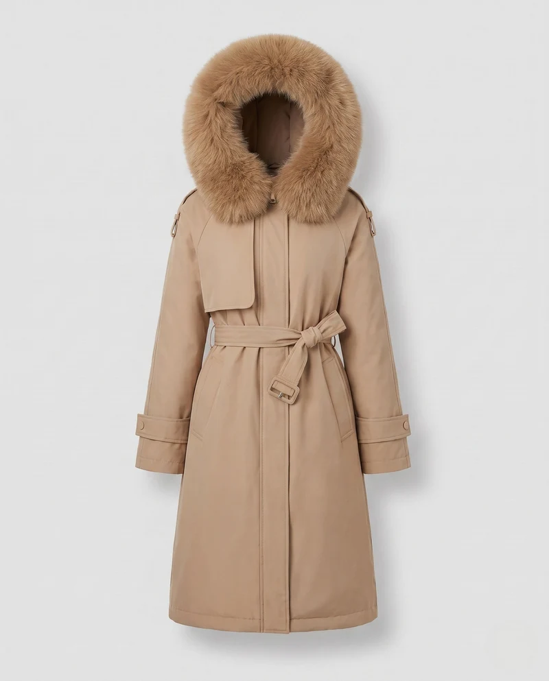 Damen lange gepolsterte Winterparka mit abnehmbarem Pelzbesatz und Taillengürtel