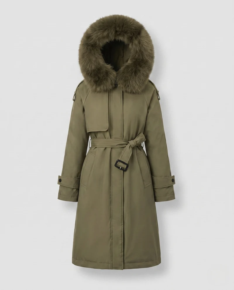 Damen lange gepolsterte Winterparka mit abnehmbarem Pelzbesatz und Taillengürtel
