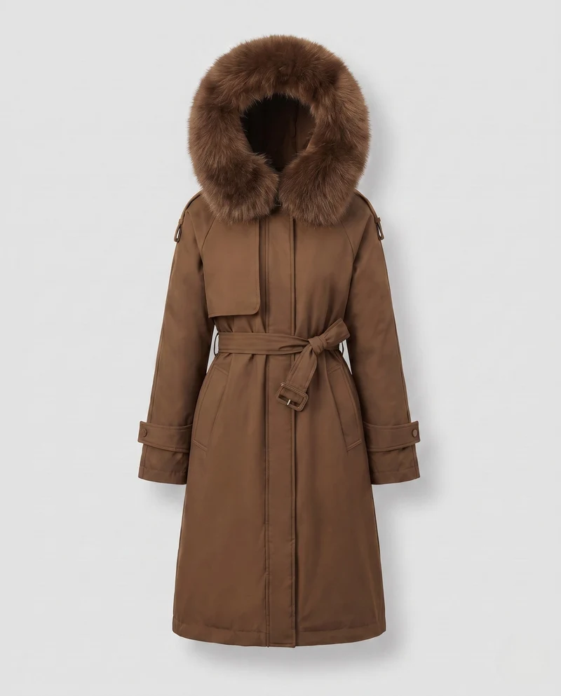 Damen lange gepolsterte Winterparka mit abnehmbarem Pelzbesatz und Taillengürtel