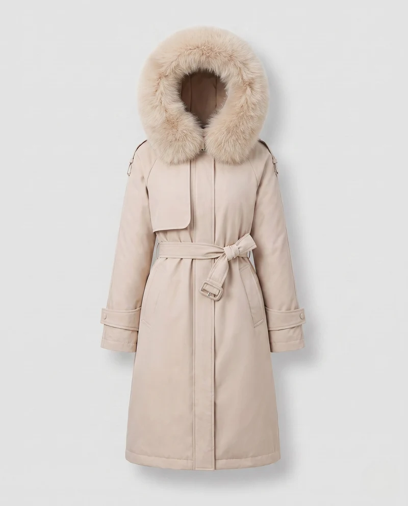 Damen lange gepolsterte Winterparka mit abnehmbarem Pelzbesatz und Taillengürtel
