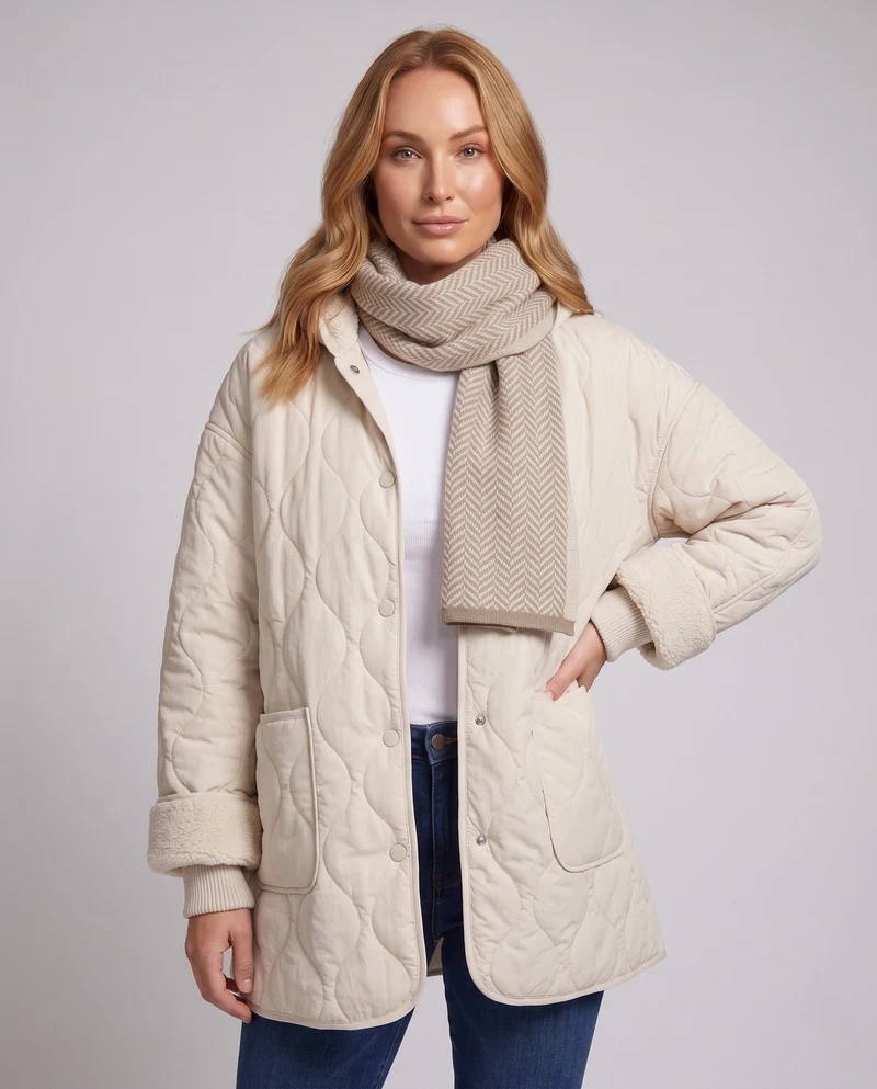 Damen Nan leichte gesteppte kurze Jacke mit organischer Wellensteppung, Teddybündchenärmeln und großen aufgesetzten Taschen