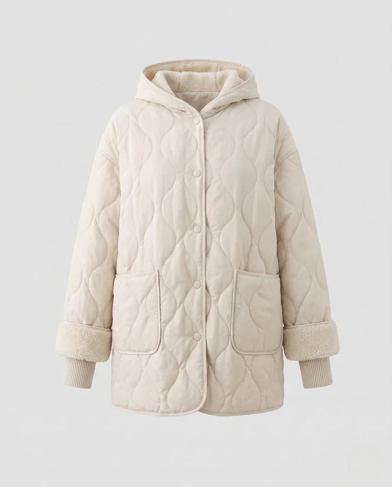 Damen Nan leichte gesteppte kurze Jacke mit organischer Wellensteppung, Teddybündchenärmeln und großen aufgesetzten Taschen