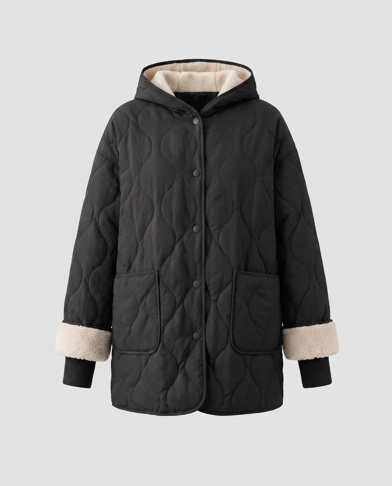 Damen Nan leichte gesteppte kurze Jacke mit organischer Wellensteppung, Teddybündchenärmeln und großen aufgesetzten Taschen