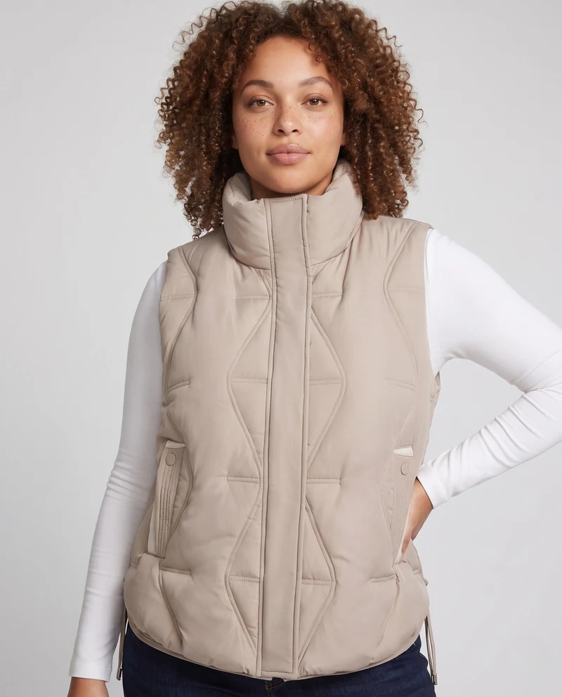 Damen leichte gepolsterte Outdoor gesteppte Weste mit asymmetrischer Frontpartie und seitlichem Kordelzug