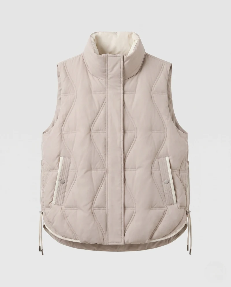 Damen leichte gepolsterte Outdoor gesteppte Weste mit asymmetrischer Frontpartie und seitlichem Kordelzug