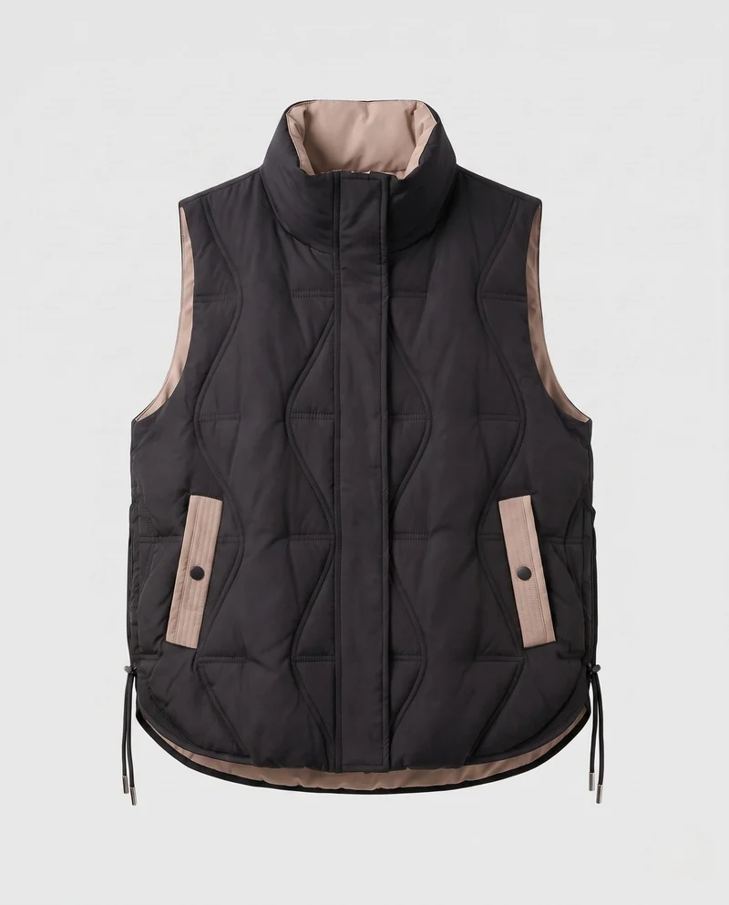 Damen leichte gepolsterte Outdoor gesteppte Weste mit asymmetrischer Frontpartie und seitlichem Kordelzug