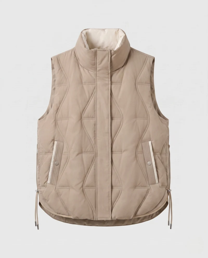 Damen leichte gepolsterte Outdoor gesteppte Weste mit asymmetrischer Frontpartie und seitlichem Kordelzug