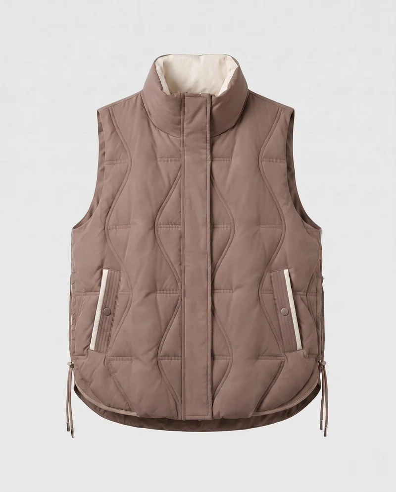 Damen leichte gepolsterte Outdoor gesteppte Weste mit asymmetrischer Frontpartie und seitlichem Kordelzug