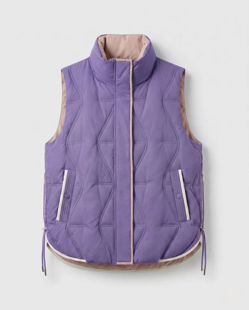 Damen leichte gepolsterte Outdoor gesteppte Weste mit asymmetrischer Frontpartie und seitlichem Kordelzug