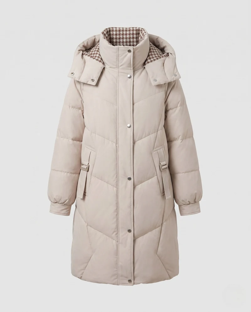 Damen mid-length Thermo Kapuzenmantel mit asymmetrischem Chevron-Steppdesign und winddichter Außenschicht