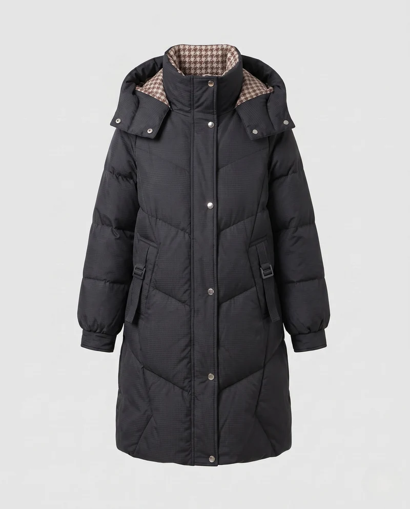 Damen mid-length Thermo Kapuzenmantel mit asymmetrischem Chevron-Steppdesign und winddichter Außenschicht