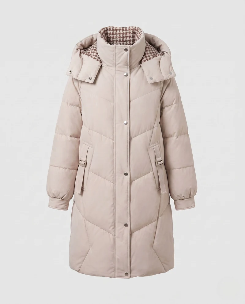 Damen mid-length Thermo Kapuzenmantel mit asymmetrischem Chevron-Steppdesign und winddichter Außenschicht