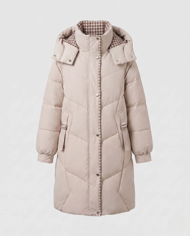 Damen mid-length Thermo Kapuzenmantel mit asymmetrischem Chevron-Steppdesign und winddichter Außenschicht