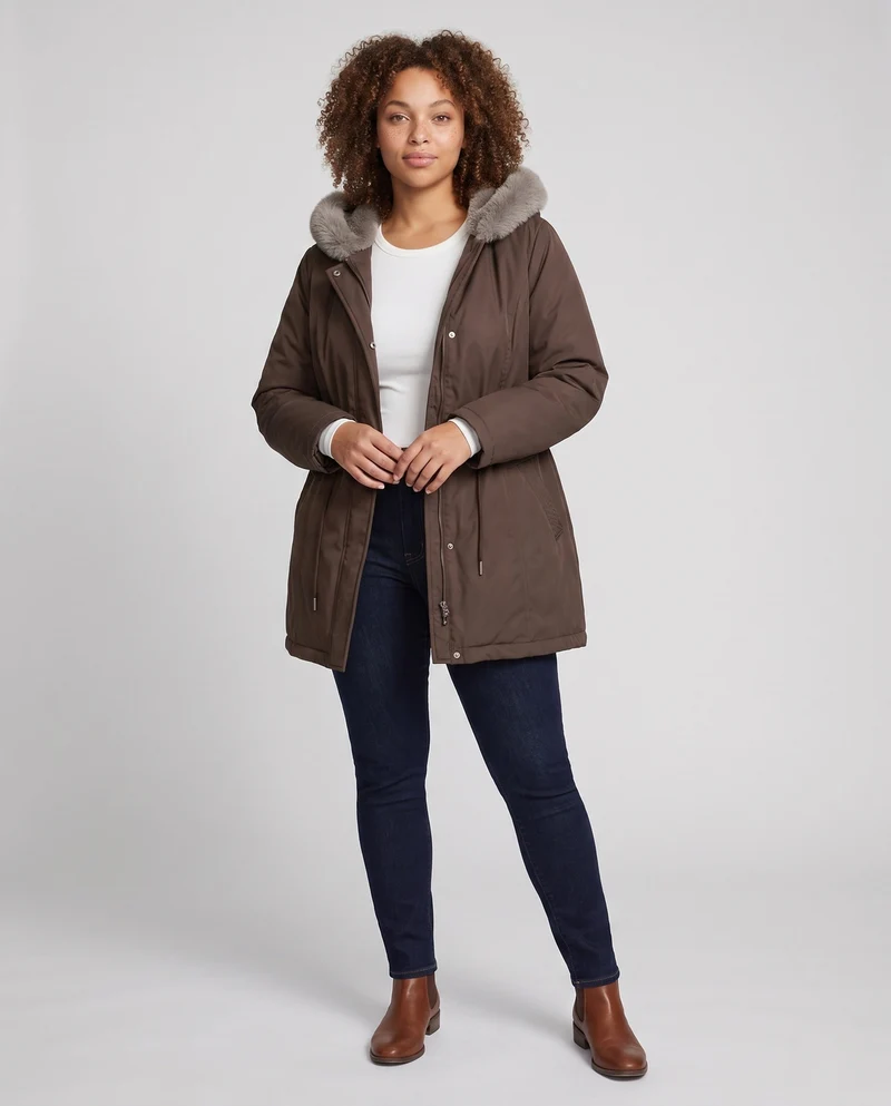 Damen knielange Thermoparkas mit abnehmbarem Teddyhood, Kordelzug in der Taille und verdeckter Frontklappe